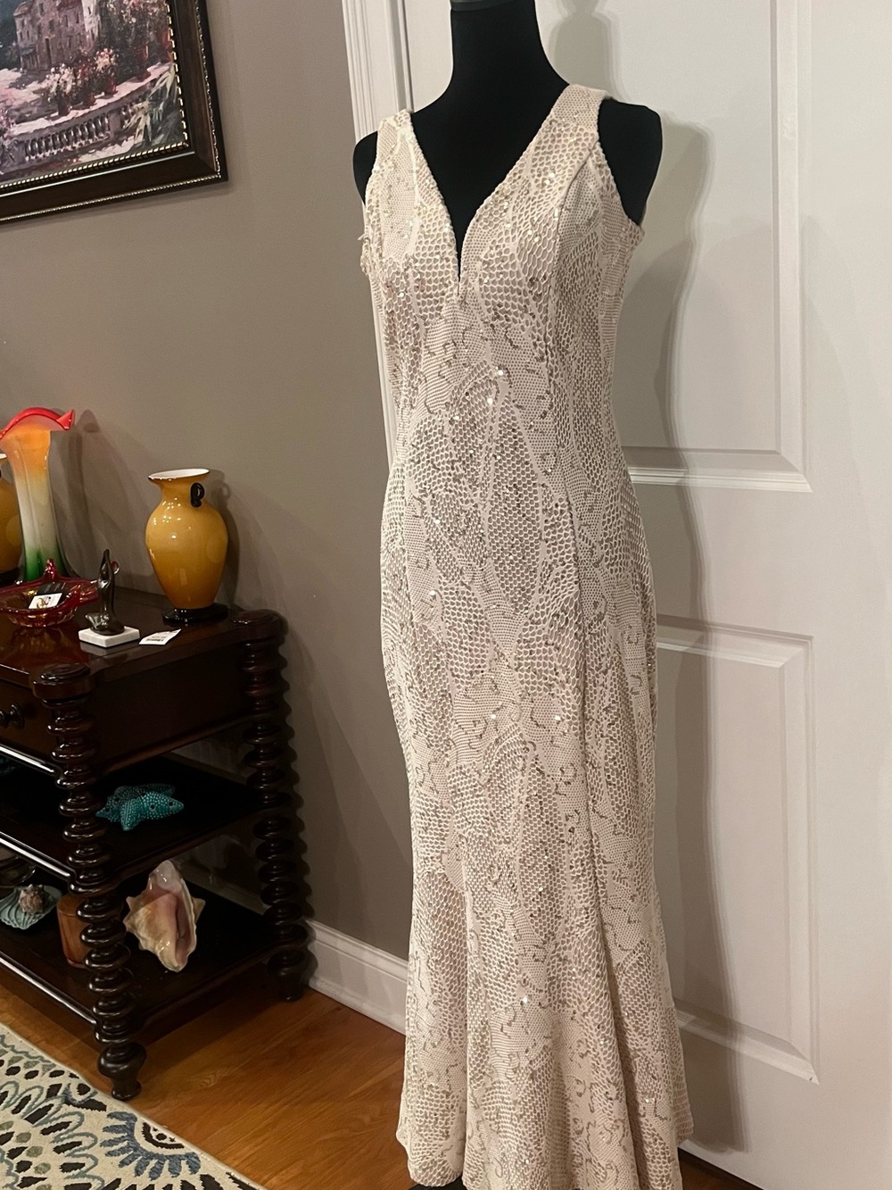 bailey blue Ivory Beaded V‑Neck Maxi Gown